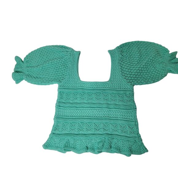 NWT Urban Outfitters Bibi Crochet Sweater Cropped Puff Sleeves SZ Small Green - Picture 4 of 8